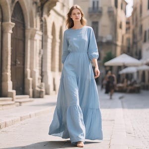 Linen Maxi Dress 3/4 Sleeve Round Neck Tiered Dress Elastic Waist Long Flowy Dress  Summer Fall Dress Cottagecore Casual Dress Custom Dress
