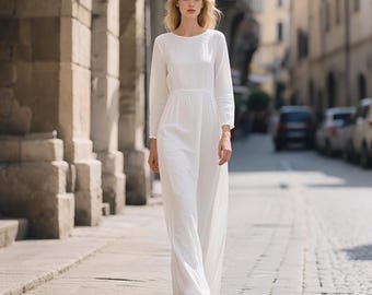 Elegant Long Linen Dress with Pockets White Linen Maxi Dress Linen Kaftan Dress Women Long Sleeve Flowy Gown Spring Summer Custom Dress