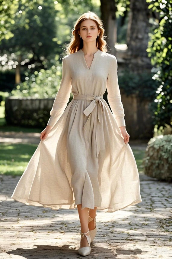 linen dress elegant pockets Handmade Green Linen Cotton Dress – Fit and Flare Midi main image 1