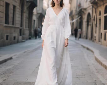 White Linen V-Neck Maxi Dress Long Sleeve Flowy Bridal Gown Boho Minimalist Wedding Dress Summer Romantic Cottagecore Dress Custom Dress