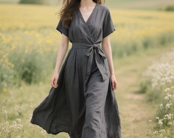 Wrap Linen Dress with Pockets Women Short Sleeve V-Neck Maxi Dress with Belt Flowy Summer Fall Dress Custom Dress Soft Casual Linen Clothing