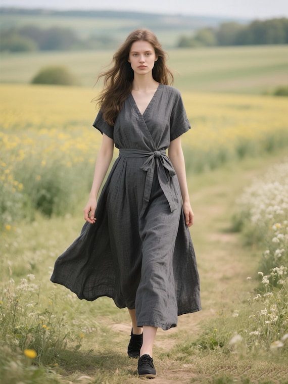 Wrap Linen Dress with Pockets Women Short Sleeve V-Neck Maxi Dress with Belt Flowy Summer Fall Dress Custom Dress Soft Casual Linen Clothing Wrap Linen Dress with Pockets Women Short Sleeve V-Neck Maxi Dress with Belt Flowy Summer Fall Dress Custom Dress Soft Casual Linen Clothing