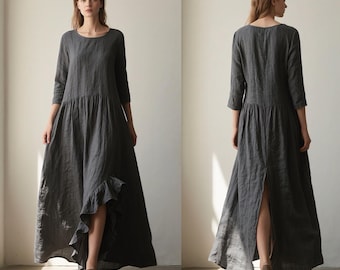 Linen Maxi Dress 3/4 Sleeve Asymmetrical Ruffle Dress Loose Casual Minimalist Linen Dress for Women Spring Summer Fall Dress Custom Dress