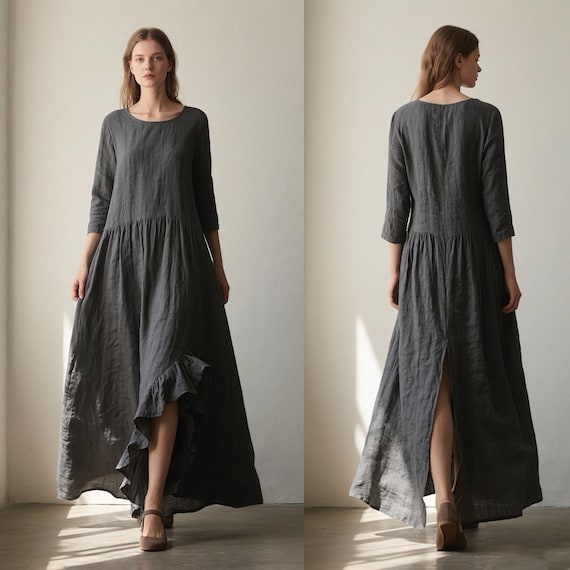 Linen Maxi Dress 3/4 Sleeve Asymmetrical Ruffle Dress Loose Casual Minimalist Linen Dress for Women Spring Summer Fall Dress Custom Dress