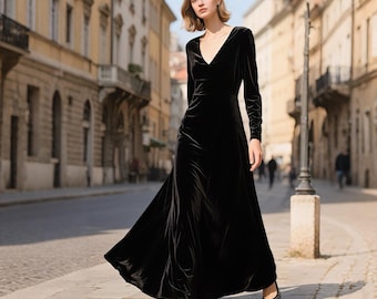 Black Velvet Dress Women, Long Sleeve Velvet Maxi Dress, Elegant V Neck Velvet Gown, Handmade Winter Dress Formal Evening Dress Custom Dress