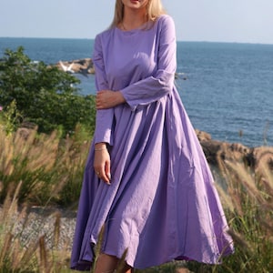 Vestido feminino fluido, moderno e casual, estilo fada, 100% algodão, com barra em formato de pétala, elegante vestido maxi lilás para outono/inverno, tamanhos grandes. imagem 2