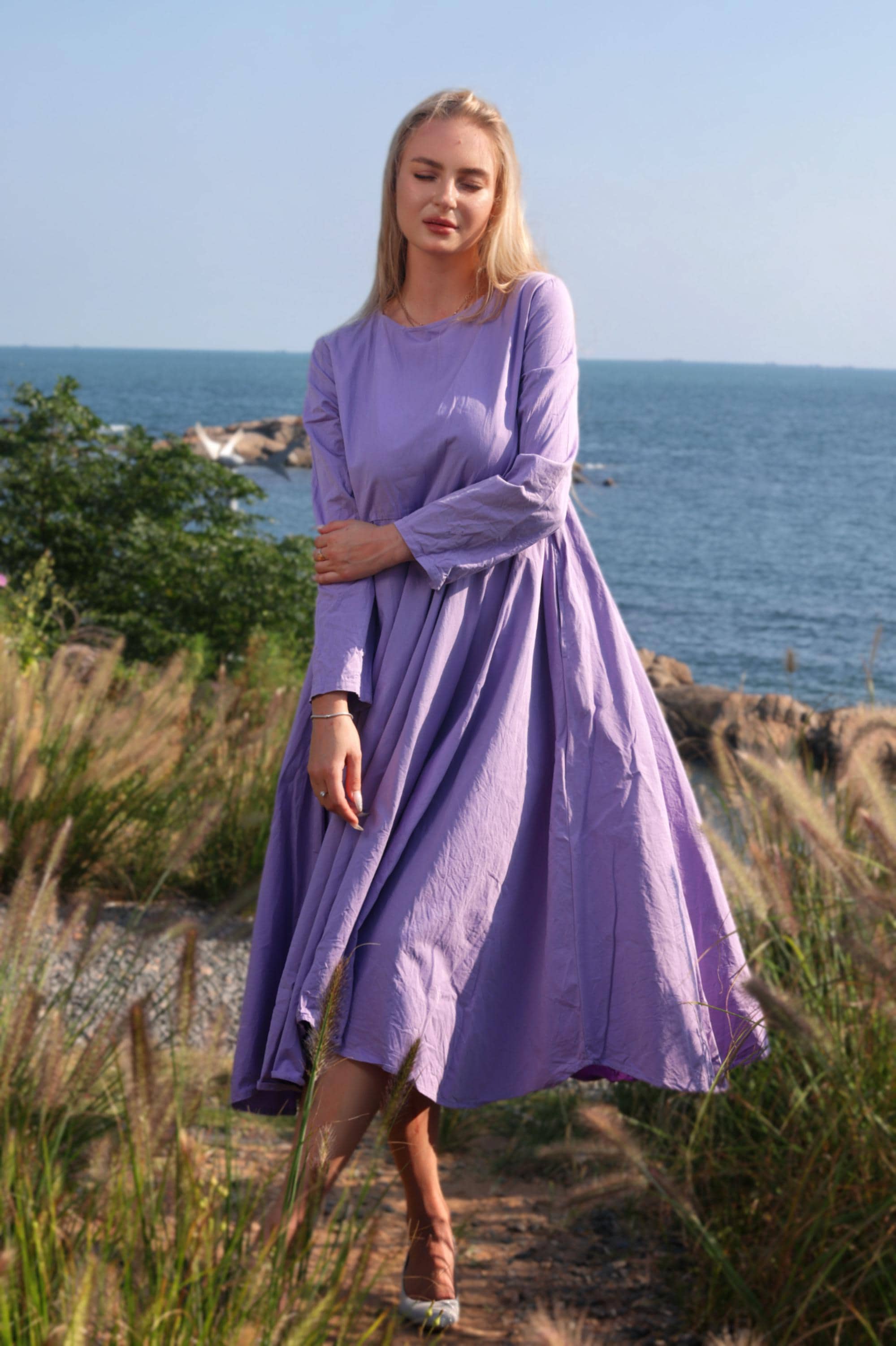 Women Flowy Dress Fashion Casual Dress Fairy Dress 100% Cotton Dress with Petal Hem Elegant Lilac Maxi Dress Fall Winter Plus Size Dress