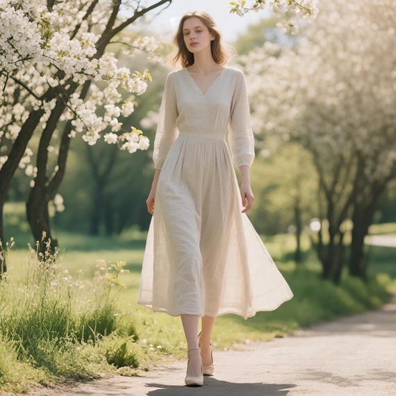 Timeless Linen Maxi Dress with Belt Long Sleeve V-Neck Dress A-Line Dress Prairie Style Gown with Pockets Spring Summer Dress Custom Dress