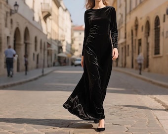 Black Velvet Dress for Women, Long Sleeve Velvet Maxi Dress, Elegant Winter Evening Gown, Handmade Black Velvet Dress, Formal Party Outfit
