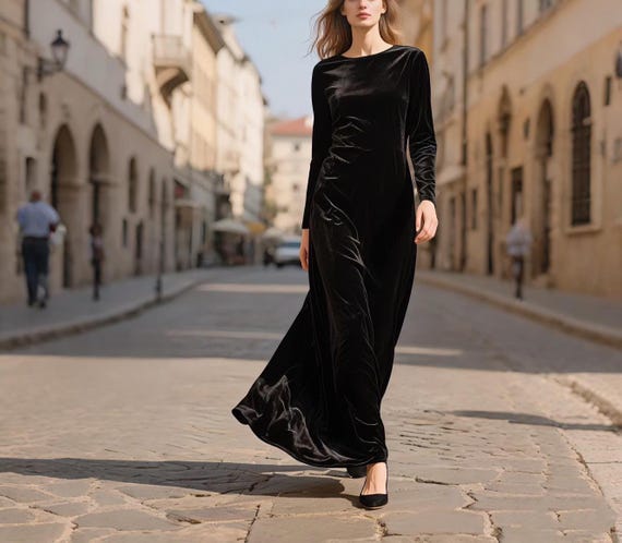 womens black velvet dress - Wrap Dress flaunting maxi skirt with a unique asymmetrical thigh Zapaka Women Black Velvet Long