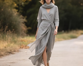 Chocolate Brown Linen Wrap Maxi Dress: Long Sleeve, Pockets
