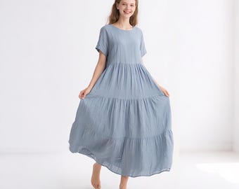 Abito lungo da donna in lino a strati con tasche, abito estivo ampio a maniche corte, abito casual boho, abito in lino morbido, abito personalizzato, abito fatto a mano