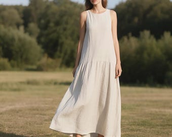 Sleeveless Linen Maxi Dress Drop Waist Loose Summer Fall Dress Minimalist Flowy A-Line Dress Boho Cottagecore Dress Custom Plus Size Dress