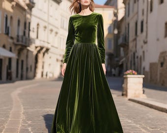 Green Velvet Maxi Dress Custom Fall Winter Dress Women Long Sleeve Floor Length Formal Gown Winter Wedding Guest Holiday Evening Party Dress