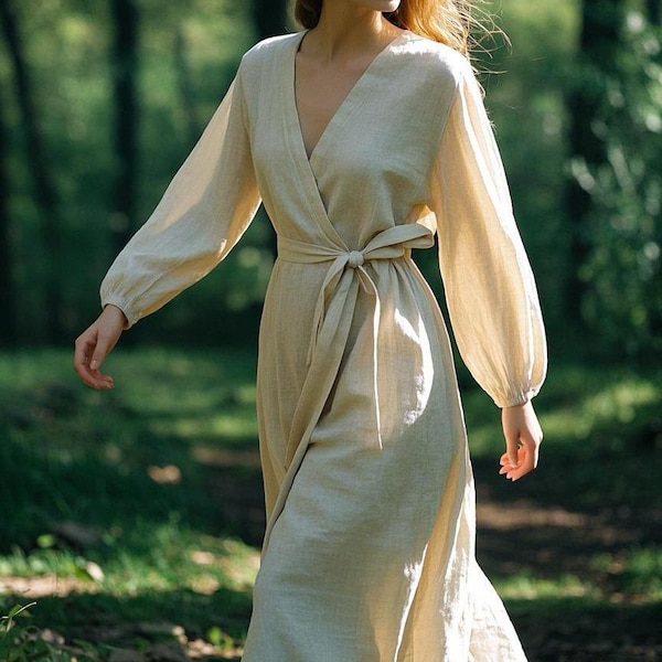 Elegant Linen Wrap Dress with Pockets Long Sleeve V-Neck Maxi Dress Cottagecore Dress Romantic Dress Summer Fall Dress Women Custom Dress