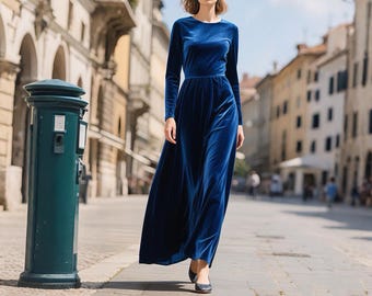Königsblau Samt Maxi Kleid Langarm Rundhals Kleid Kleid Abend Kleid Herbst Winter Kleid Formelle Kleid Brautjungfer Kleid Benutzerdefinierte Kleid