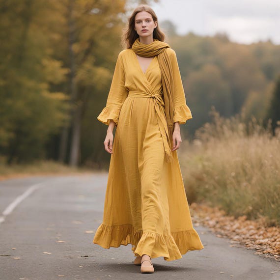 Yellow Linen Dress with Pockets Long Sleeve Wrap Dress with Ruffle Hem Handmade Bohemian Linen Maxi Dress Custom Full-Length Fall Dress Yellow Linen Dress with Pockets Long Sleeve Wrap Dress with Ruffle Hem Handmade Bohemian Linen Maxi Dress Custom Full-Length Fall Dress