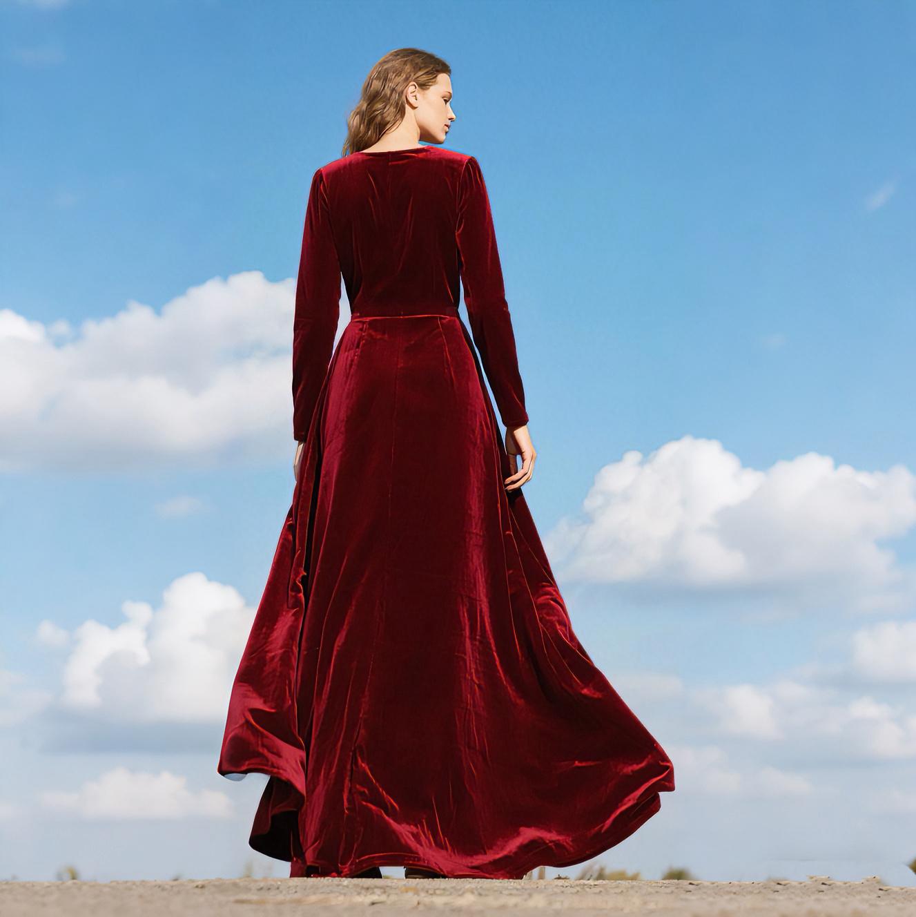 Wine Red Velvet Maxi Dress Women Long Sleeve V Neck Dress Custom Elegant Formal Dress Floor Length Evening Gown Fall Winter Holiday Dress Wine Red Velvet Maxi Dress Women Long Sleeve V Neck Dress Custom Elegant Formal Dress Floor Length Evening Gown Fall Winter Holiday Dress