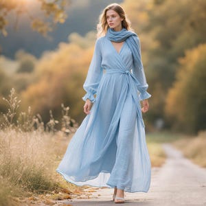 Linen Wrap Dress Linen Spring Fall Dress Long Sleeve Maxi Dress with Ruffle Cuffs Handmade Boho A-Line Dress Custom Linen Clothing for Women