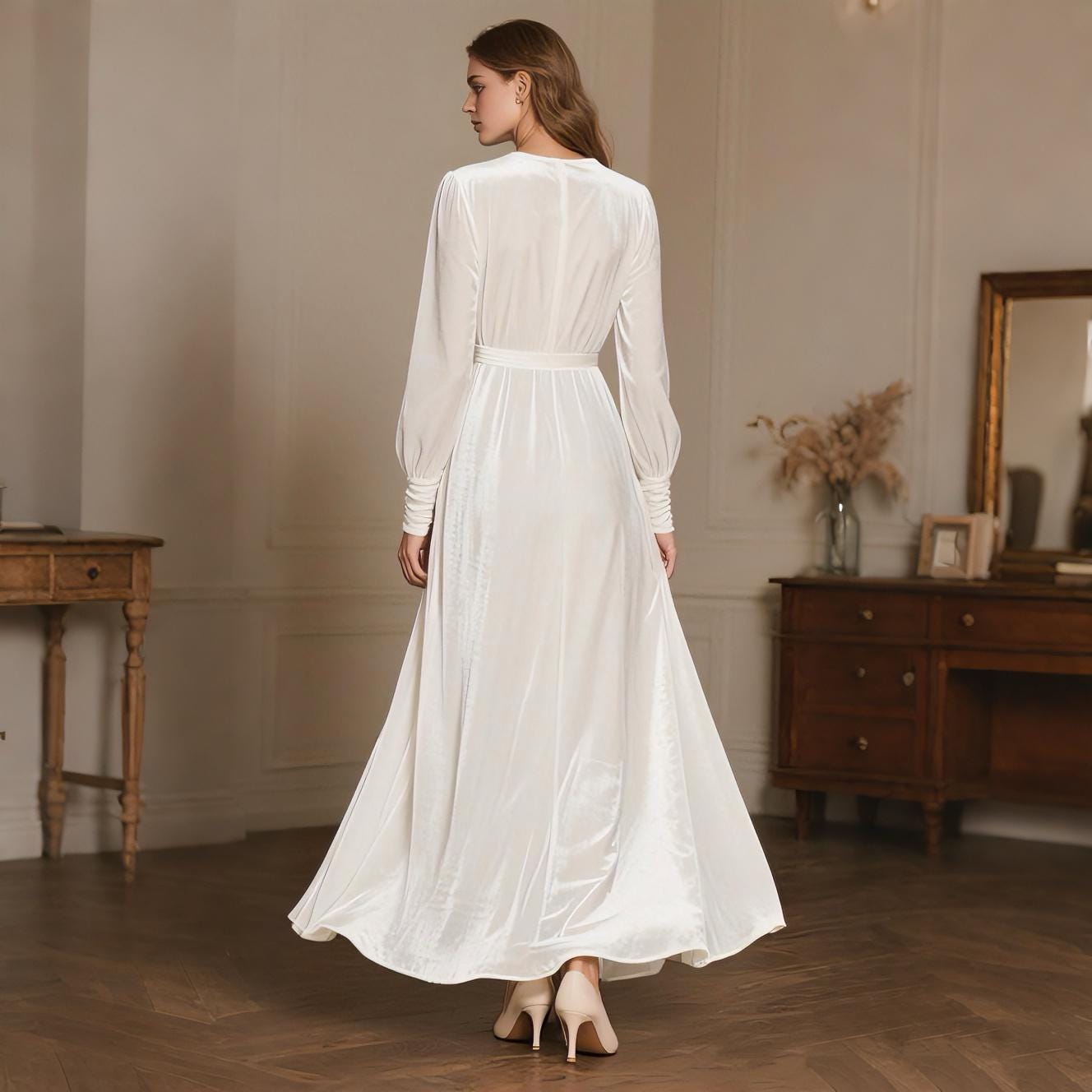 White Velvet Wrap Maxi Dress Women Floor Length Long Sleeve Evening Gown  Fall Winter Dress Elegant Bishop Sleeve Wedding Dress Custom Dress - Etsy