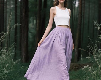 Falda larga de lino morado con bolsillos, cintura alta, cintura elástica, falda vaporosa, falda bohemia de verano, ropa de lino hecha a mano y de talla personalizada.