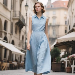 Linen Shirt Dress Women Sleeveless Button Front Collared Dress Midi A Line Dress with Pockets Summer Fall Cottagecore Dress Custom Dress