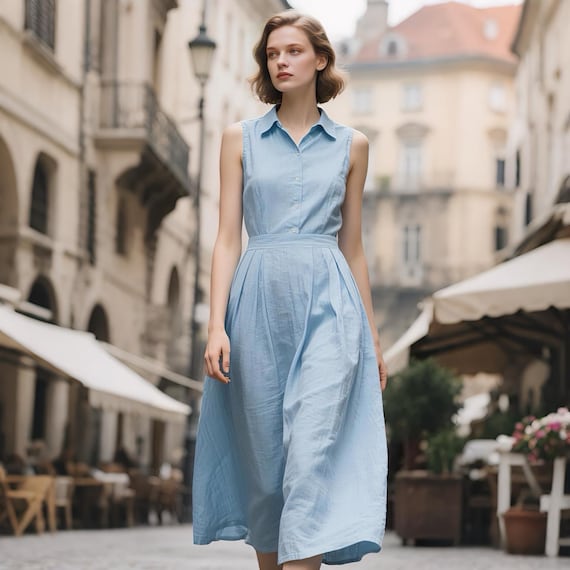 Linen Shirt Dress Women Sleeveless Button Front Collared Dress Midi A Line Dress with Pockets Summer Fall Cottagecore Dress Custom Dress