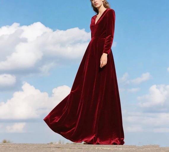 Wine Red Velvet Maxi Dress Women Long Sleeve V Neck Dress Custom Elegant Formal Dress Floor Length Evening Gown Fall Winter Holiday Dress - Etsy Israel