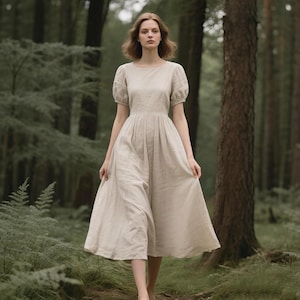 Linen Puff Sleeve Midi Dress for Women Summer Dress Romantic Cottagecore A-Line Dress Handmade Linen Dress with Gathered Skirt Custom Dress
