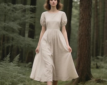 Linen Puff Sleeve Midi Dress for Women Summer Dress Romantic Cottagecore A-Line Dress Handmade Linen Dress with Gathered Skirt Custom Dress