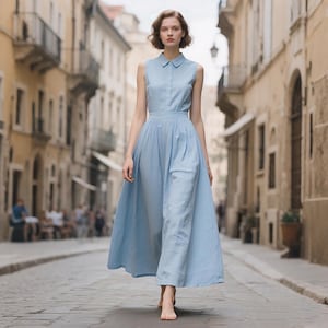 Linen Shirt Collar Dress Sleeveless Shirt Dress with Belt Maxi Length Shirt Dress Linen Clothing for Women Custom Dress Summer Fall Dress