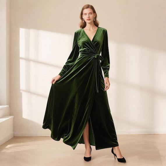 Green Velvet Wrap Maxi Dress Women Sleeve Velvet Gown Elegant Evening Wedding Guest Holiday Party Dress Custom Dress Fall Winter Dress Green Velvet Wrap Maxi Dress Women Sleeve Velvet Gown Elegant Evening Wedding Guest Holiday Party Dress Custom Dress Fall Winter Dress