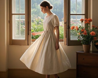 Vintage Short Puff Sleeve Linen Maxi Dress Adjustable Drawstring Waist Romantic Cottagecore Maxi Dress Summer Dress Handmade Custom Dress