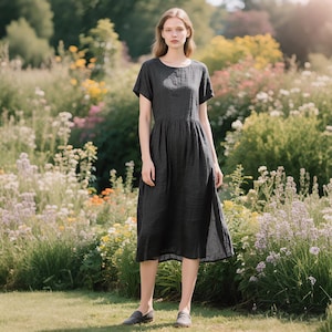 Linen Midi Dress with Short Sleeves Casual Summer Dress with Pockets Gathered Waist Minimalist Dress Custom Linen Clothing Soft Women Dress