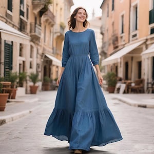 Linen Maxi Dress 3/4 Sleeve Tiered Dress Scoop Neck Elastic Waist Boho Dress Vintage Flowy Cottagecore Dress Spring Summer Fall Custom Dress