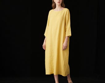 Yellow Linen Dress Round Neck 3/4 Sleeve Loose Fit Linen Midi Dress Minimalist Casual Summer Fall Dress Custom Dress