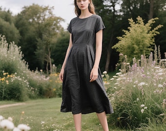 Linen Midi Dress for Women Short Sleeve Summer Dress with Pockets A-Line Dress Custom Handmade Dress Minimalist Dress Soft Cottagecore Dress