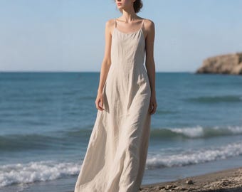 Linen Slip Dress Linen Summer Dress with adjustable straps Deep V-back Kaftan Dress Spaghetti Strap Dress Custom Dress Vacation Dress Women