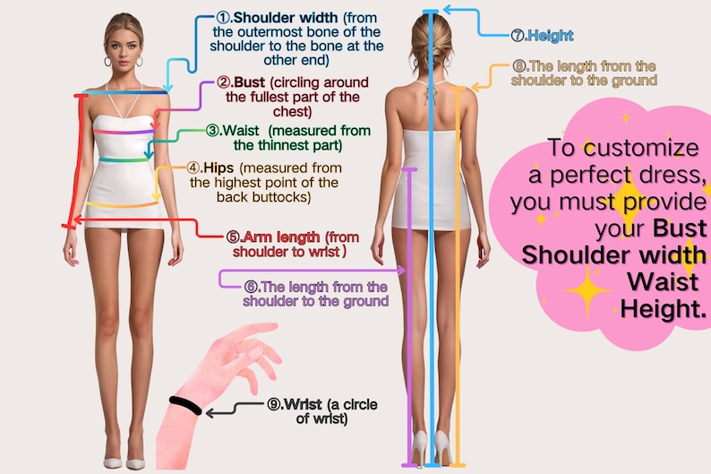 May include: Diagram illustrating body measurements for custom dress design. Includes shoulder width, bust, waist, hips, arm length, and height measurements. Text reads: "To customize a perfect dress, you must provide your Bust, Shoulder width, Waist, Height."