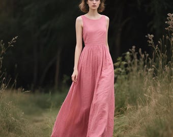 Sleeveless Linen Maxi Dress Summer Fall Boho Dress Cottagecore Dress Elegant Women Dress Long Romantic Flowy A-Line Dress Custom Dress