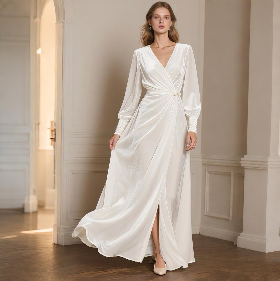 White Velvet Wrap Maxi Dress Women Floor Length Long Sleeve Evening Gown  Fall Winter Dress Elegant Bishop Sleeve Wedding Dress Custom Dress - Etsy
