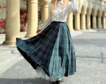 Ullkjol, Lång rutig ullkjol, Tartan ullmaxikjol, Vintage swingkjol, Rund ullkjol, Höstvinterkjol, Plusstorlekskjol för kvinnor