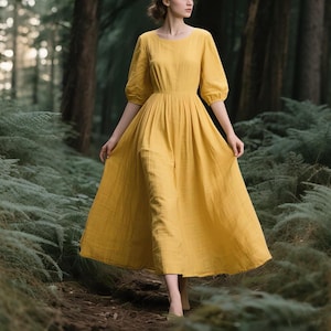 Linen Maxi Dress with Half Sleeves Cottagecore Fit and Flare Dress Women Linen Dress with Pockets Round Neck Dress Handmade Summer Dress