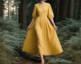 Linnen maxi-jurk met halve mouwen Cottagecore fit & flare-jurk vrouwen linnen jurk met zakken ronde hals jurk handgemaakte zomerjurk