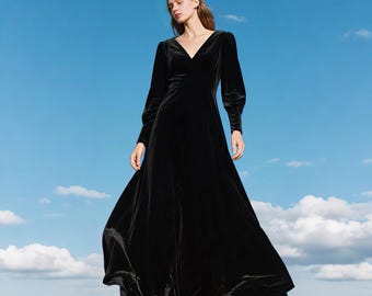 レディース ブラック ベルベット マキシドレス Vネック ロング パフスリーブ オープンバック イブニングドレス カスタム フロア丈 フォーマルドレス 秋冬 ホリデードレス