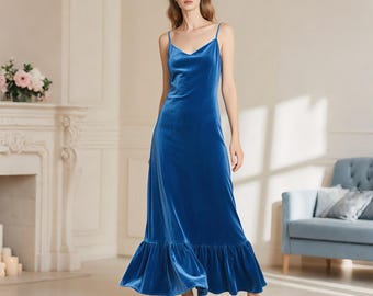 Royal Blue Velvet Maxi Dress Women Spaghetti Straps Dress V Neck V Back Ruffle Hem Dress Slip Evening Gown Wedding Guest Holiday Party Dress