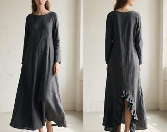Linen Maxi Dress Long Sleeve Linen Dress with Ruffle Back Slit Handmade Loose Linen Dress for Women Spring Summer Fall Dress Custom Dress
