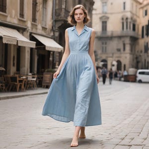Linen Shirt Collar Dress Sleeveless Shirt Dress with Belt Maxi Length Shirt Dress Linen Clothing for Women  Summer Fall Dress Custom Dress
