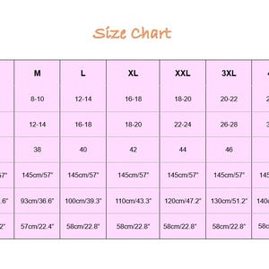 Puede incluir: Una tabla de tallas rosa con el texto "Size Chart". La tabla muestra tallas de vestido de la S a la 6XL, con las tallas de EE. UU., Reino Unido y UE correspondientes, la longitud del vestido en cm y pulgadas, las medidas del busto en cm y pulgadas y la longitud de la manga.