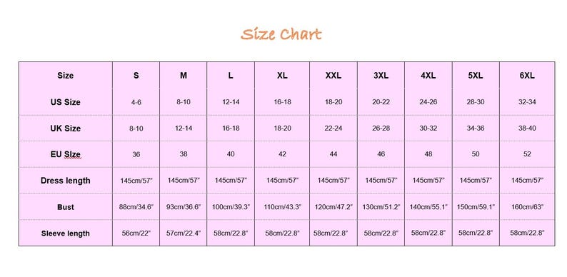 Puede incluir: Una tabla de tallas rosa con el texto "Size Chart". La tabla muestra tallas de vestido de la S a la 6XL, con las tallas de EE. UU., Reino Unido y UE correspondientes, la longitud del vestido en cm y pulgadas, las medidas del busto en cm y pulgadas y la longitud de la manga.
